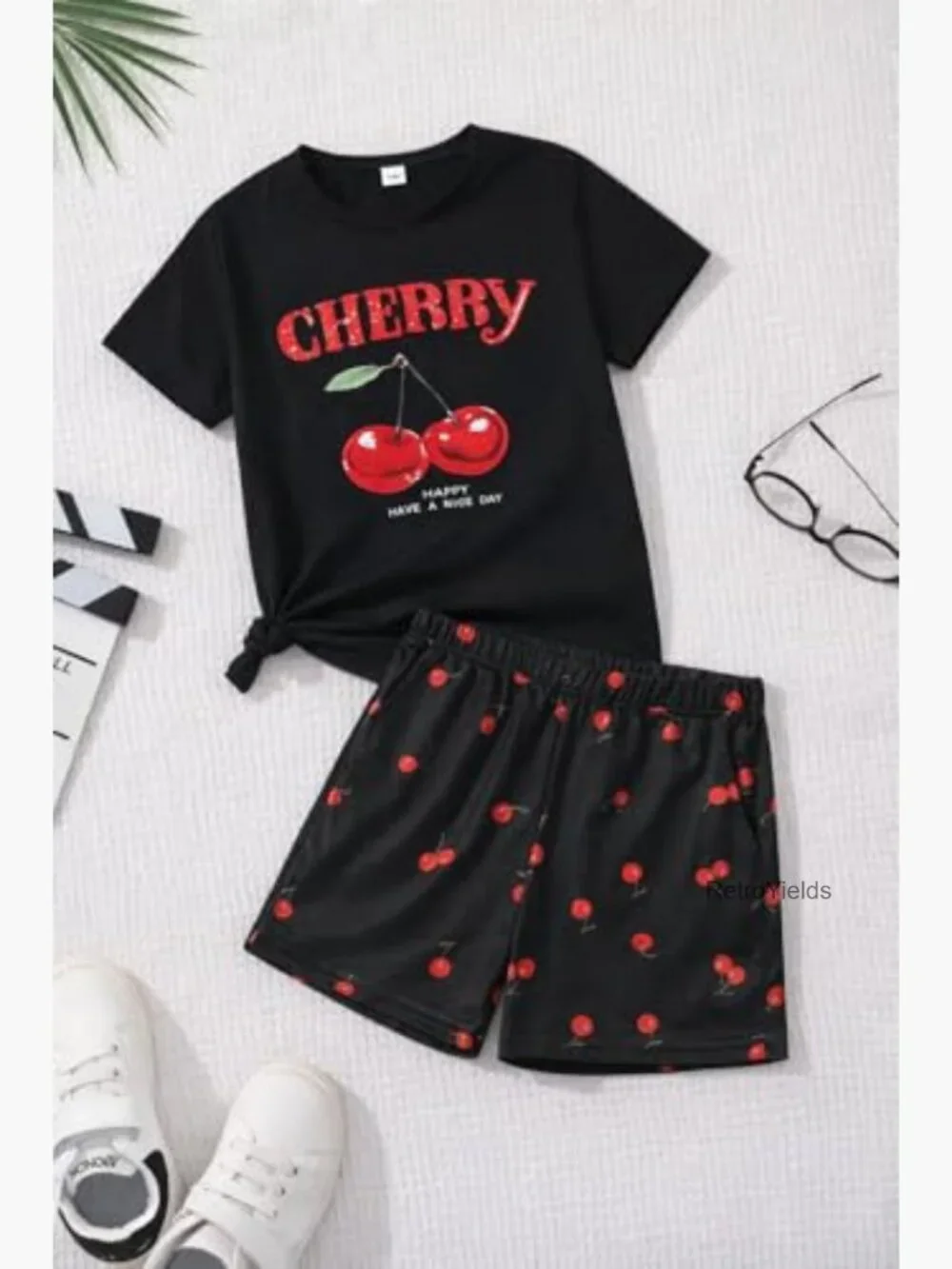 Girls Cherry Short Sleeve Shirt & Shorts 2-Piece Set with Pockets